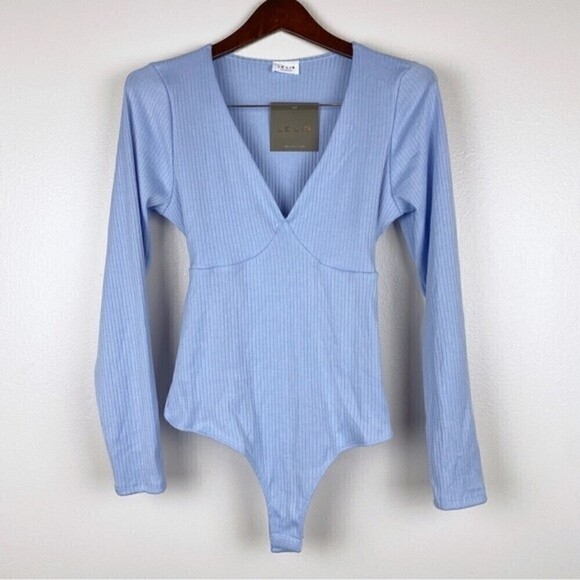 Le Lis Collection Baby Blue Ribbed Long Sleeve Thong Bodysuit Size L NWT - Picture 1 of 7